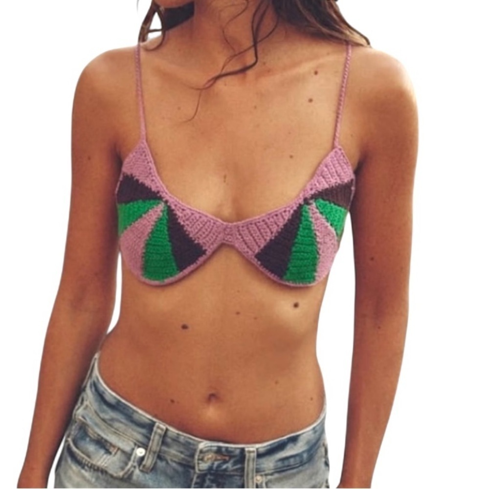 Zara Crocheted Bikini Top Size M Lavender Green Brown Beach Vacation Resort NWOT